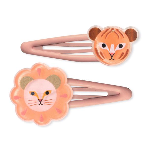 two orange pastel barrettes with transparent plastic decorations on the ends, one with a lion head one with a tiger head