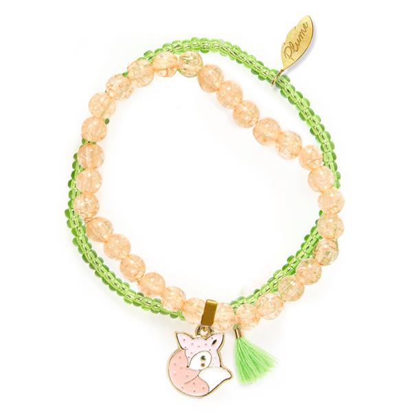 on a white background, a double strand beaded bracelet in green and pale pink with a fox charm