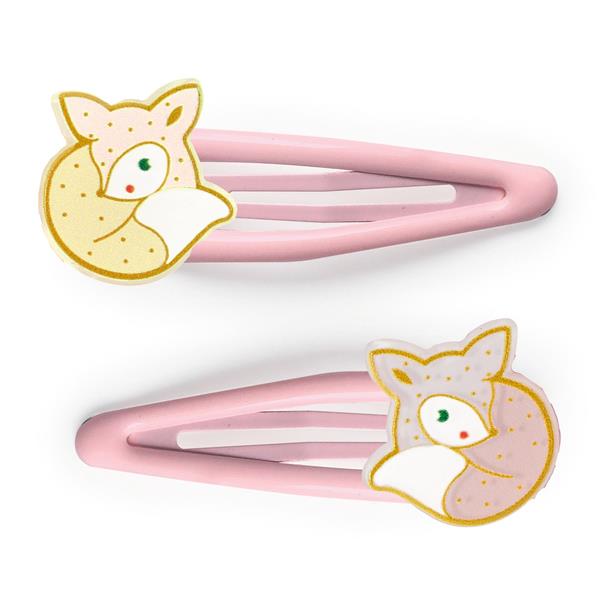 on a white background, 2 epoxy coated pale pink barrettes with charms on the ends