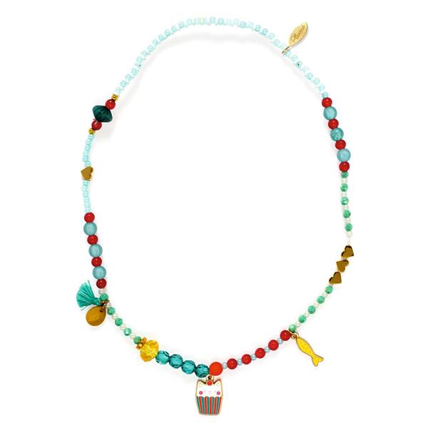 on a white background, a beaded necklace with blue, red and gold beads charms