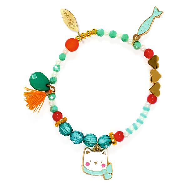 Small blue, red, gold beaded bracelet with a cat charm on a white background