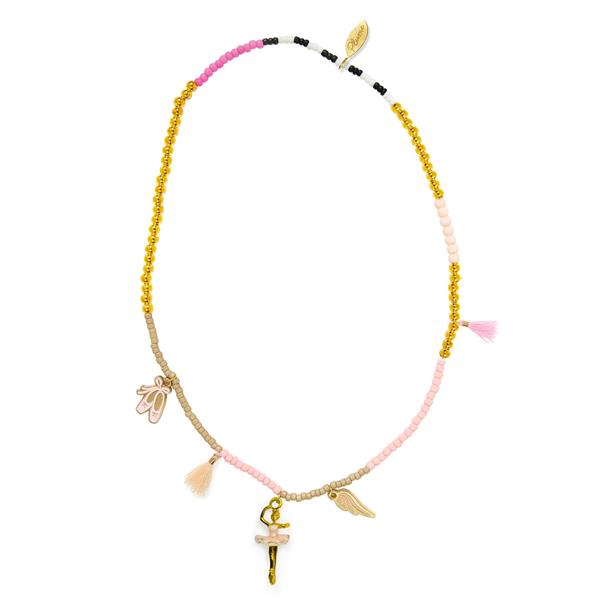 Necklace with colorful beads and charms on a white background