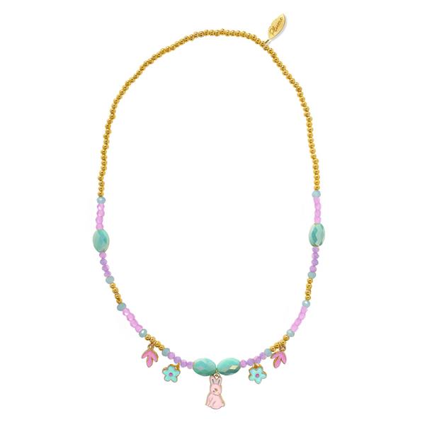 on a white background, a delicate pink, blue, and gold beaded necklace with charms