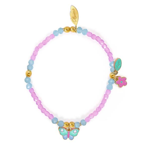 a pink , blue and gold beaded bracelet with a butterfly and a flower charm on a white background