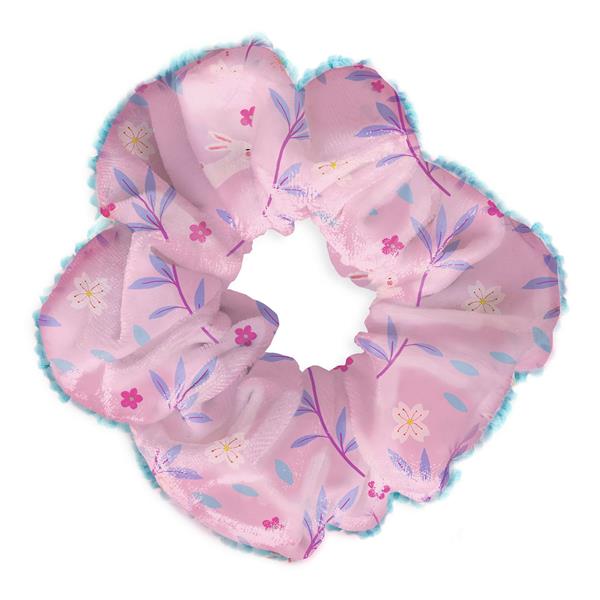 a pink hair scrunchie with delicate flowers and white bunnies on a white background