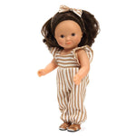 White doll wearing a brown and white striped outfit on a white background