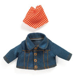A denim doll jacket with a red and white polka dot head scarf on a white background