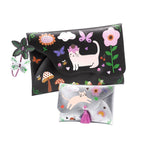 Black clutch with cat and floral design, accompanied by a matching pouch on a white background