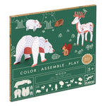 Children's wooden puzzle packaging with animal illustrations on a green background