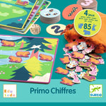 Educational children's game set with animal-themed pieces and game boards on a blue background.