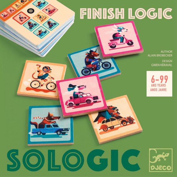 Logic game packaging for 'Finish Logic' by Djeco on a green background