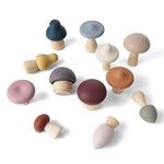toy mushrooms with wooden base and different coloured silicon tops against a white background.