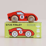 Red wooden toy car with 'GT25 Finley' packaging on a light beige background
