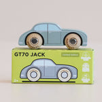 Light blue wooden toy car on top of its packaging box with 'GT70 JACK' branding.
