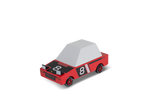 Red toy car with number 8 on a white background