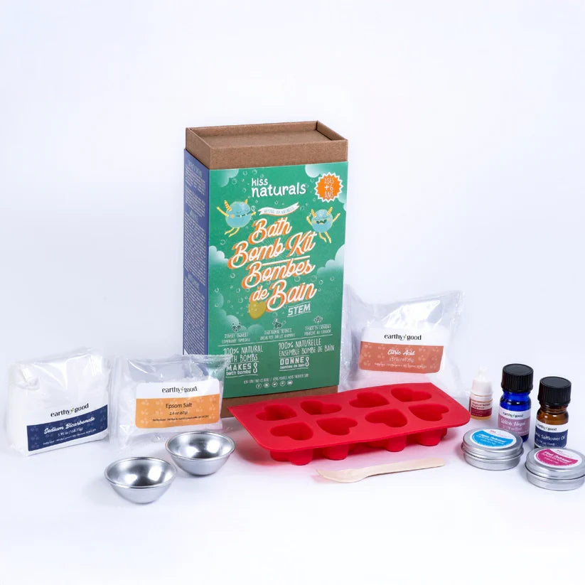 Bath Bomb Kit with packaging, molds, and ingredients on a white background