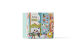 The Square puzzle box at an angle. Box is illustrated with soft colours showing lots of kids of different colours and abilities on a street in front of an apartment building and in the windows of the apartment building.