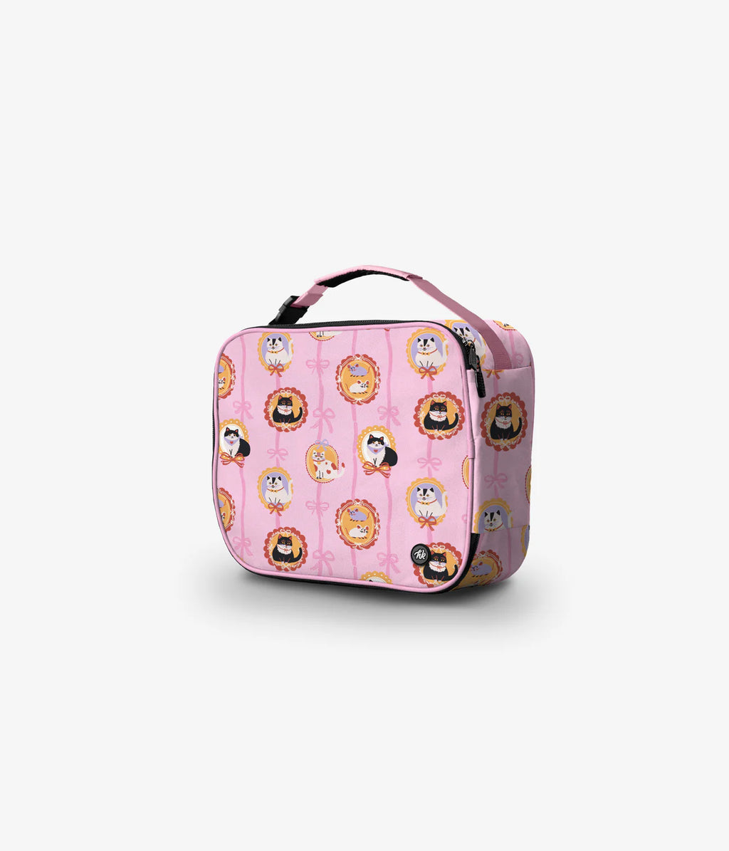 Pink lunch bag with a pattern of victorian style portraits of illustrated cats  on a white background