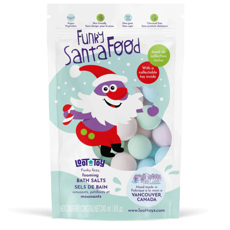 Packaging of Funky Santa Food bath salts with a cartoon Santa Claus design on a white background.