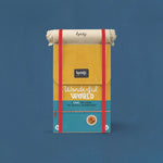 A rolled parchment-style booklet or journal cover from Londji, featuring a retro color-blocked design in mustard yellow, teal blue, and cream, tied with red elastic bands, set against a solid blue background.