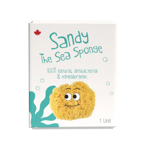 Product packaging of Sandy the Sea Sponge with a cartoon face on a white background