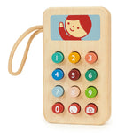 Wooden toy phone with colorful buttons on a white background