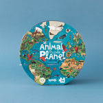 Round puzzle packaging with 'Animal Planet' design on a blue background