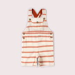 Striped overalls with red and white pattern on a light gray background