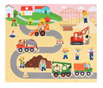 A colorful children's Sticker book depicting a cartoon construction site with various toy vehicles and construction workers.