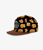 Cap with sandwich pattern and brand logo on a white background