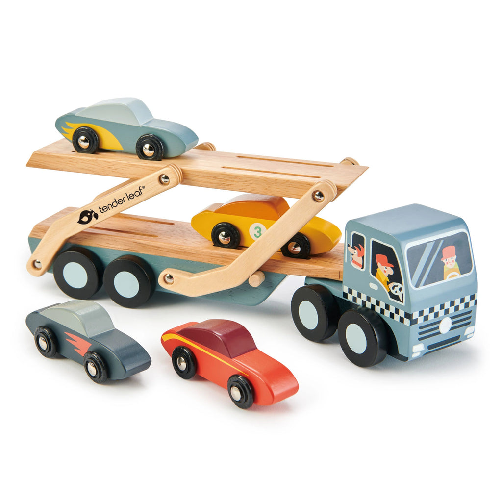 A wooden toy car carrier truck with 4 cars 