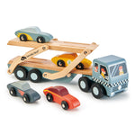 A wooden toy car carrier truck with 4 cars 