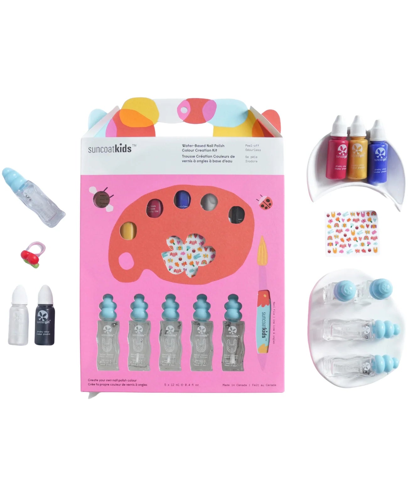 Suncast Kids water-based nail paint set with packaging and accessories on a white background