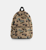 Backpack with vehicle pattern on a light gray background