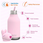 Pink insulated bottle with features highlighted on a white background