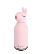 Pink bottle with bunny design on a white background