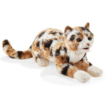 Plush toy cat with calico pattern on a white background
