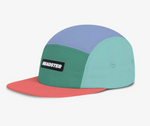 A 5-pnel colour block hat on a white background
