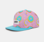 Colorful donut-patterned pink cap with bright blue brim on a light gray background