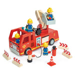 Toy fire truck with firefighters and accessories on a white background