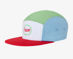 a 5 panel hat on a white background. red brim, light blue side, pistachio green top white front panel that has "fresh!" written in red with a green circle around it