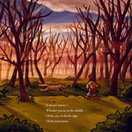 An illustrated forest scene with bare dark trees, a small figure in red clothing walking on a yellow-green path, a deer-like animal in the distance, and a text overlay with a poem.