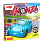 On a white background, the monza game box featuring a blue car with a smiling face.