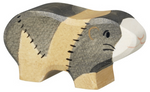 Wooden toy guinea pig with a natural wood finish on a white background
