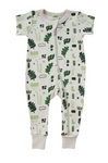 off-white one-piece romper with off-white zipper from foor to neck. All over print consisting of dark green and light green organic leaf shapes, some outlined, some filled