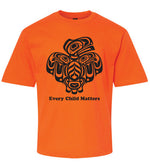 Orange t-shirt with black tribal design and 'Every Child Matters' text on a white background