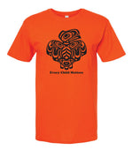 Orange t-shirt with black graphic design and 'Every Child Matters' text on a white background