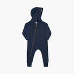 Navy blue baby onesie with a gold zipper on a white background