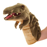 Plush crocodile hand puppet with open mouth on a white background