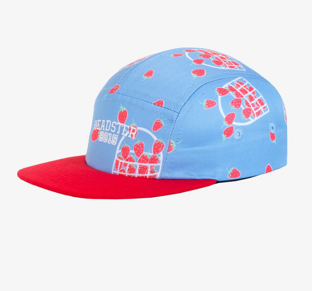 side view of a 5 panel hat on a white background. Hat is light blue. A pattern of strawberries in and out of white baskets cover the hat. the brim is red.